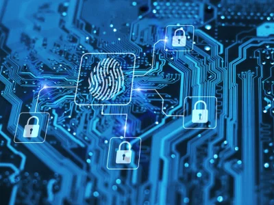 Fingerabdruck-Icon zentral auf Leiterplatte, umgeben von Schloss-Symbolen für Sicherheit.