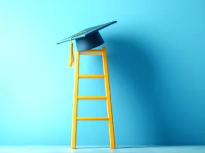 Absolventenhut hängt am oberen Ende einer Leiter