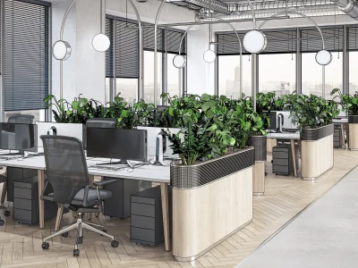 3D-Skizze eines modernen Großraumbüros mit begrünten Trennwänden und Möbeln aus Holz.