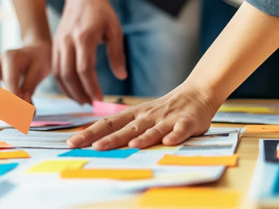 Mehrere Hände ordnen bunte Notizzettel auf Tisch bei Teamarbeit